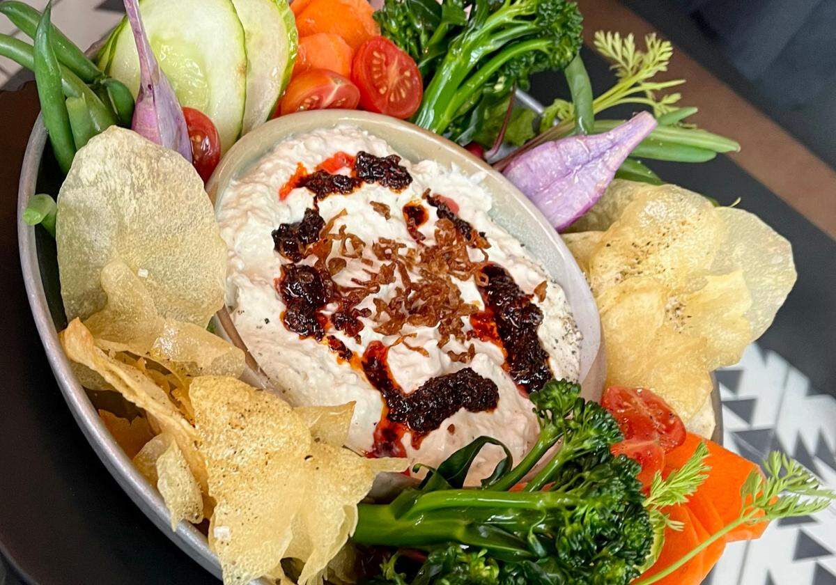 Eggplant fried onion dip from the appetizer menu at Duchess inside the Nobleman hotel in Fort Worth, Texas, May 10, 2025.