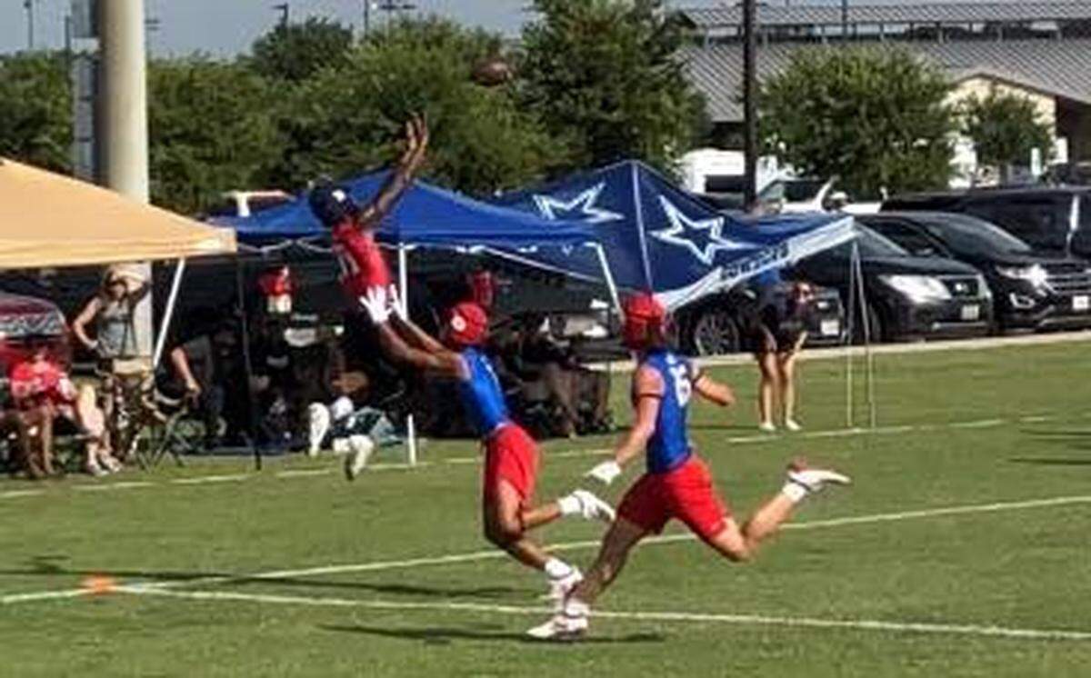 Lamar WR and OU commit Trevon West goes up for a TD catch against Belton in the 7-on-7 state tournament.
