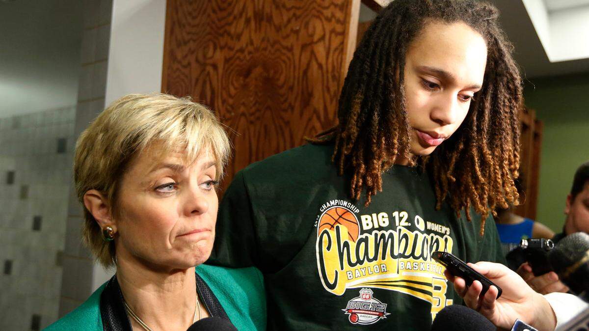 Baylor head coach Kim Mulkey, left, and Brittney Griner, right, talk to the media in 2013. The two are worlds away from each other today. In many ways.
