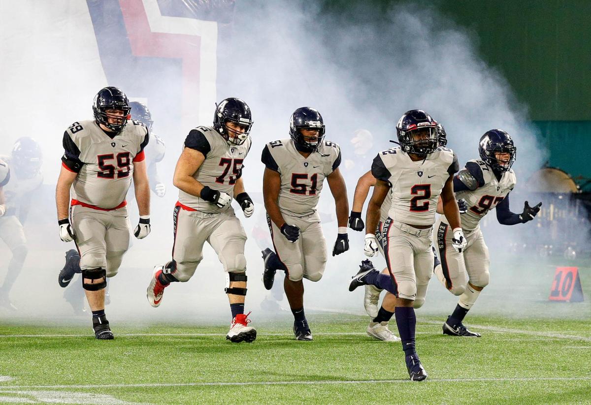 The Allen Eagles enter the field to face the South Grand Prairie Warriors in the 6A Division I Area round high school football playoffs, December 18, 2020, played at Globe Life Park in Arlington, Tx. (Steve Nurenberg Special to the Star-Telegram)