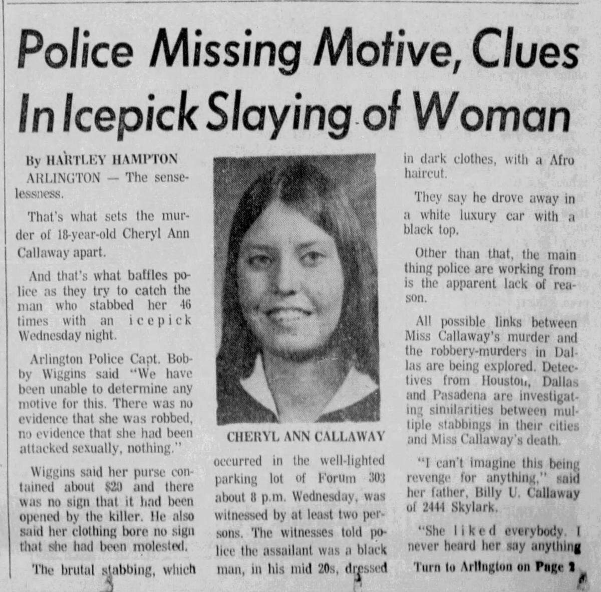 A Fort Worth Star-Telegram story about the murder of Cheryl Ann Callaway in January 1974.