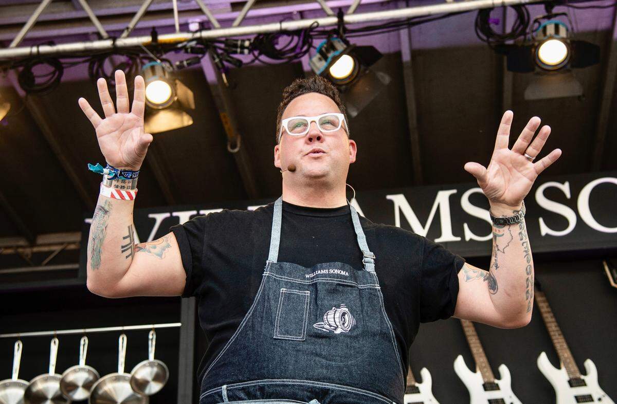 Graham Elliot seen at the Williams-Sonoma Culinary stage at the Bottle Rock Napa Valley Music Festival at Napa Valley Expo on May 26, 2018, in Napa, Calif.