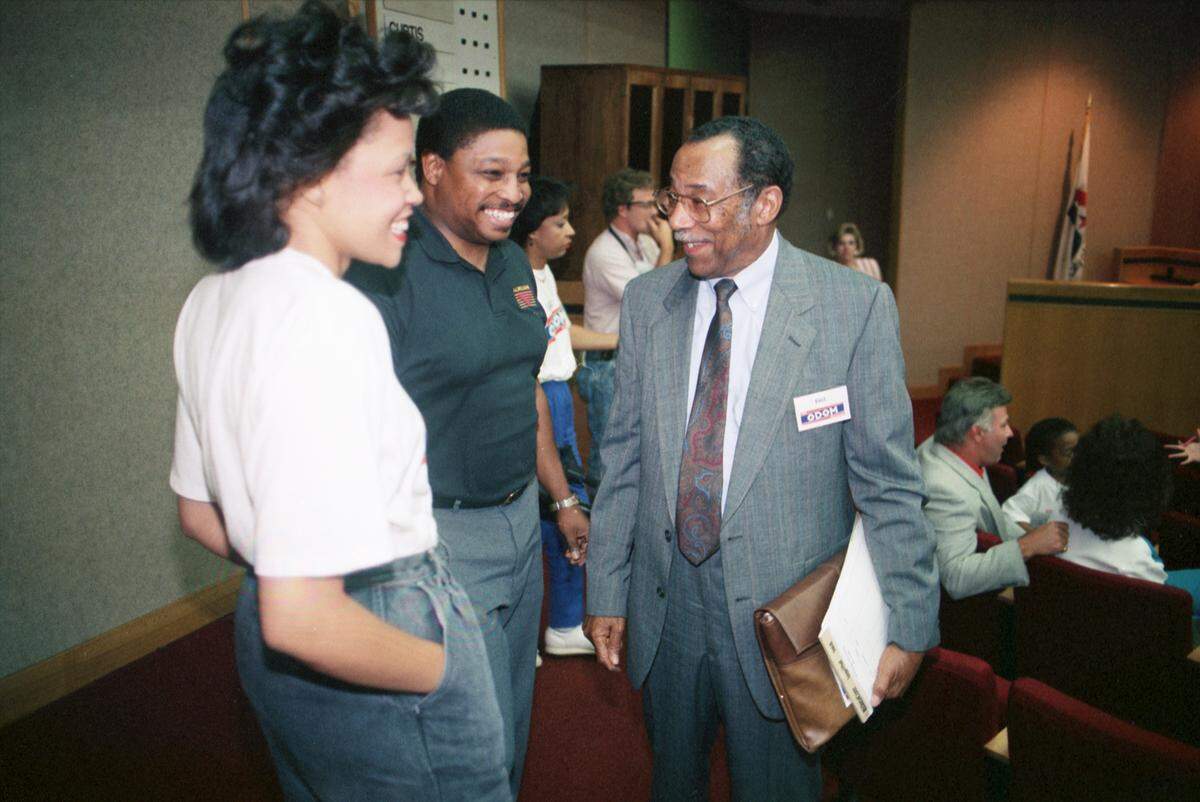 May 19, 1990: Elzie Odom celebrating with a group of supporters after winning a city council election in Arlington, Texas by 16 votes to become the first African American city councilman in the city.