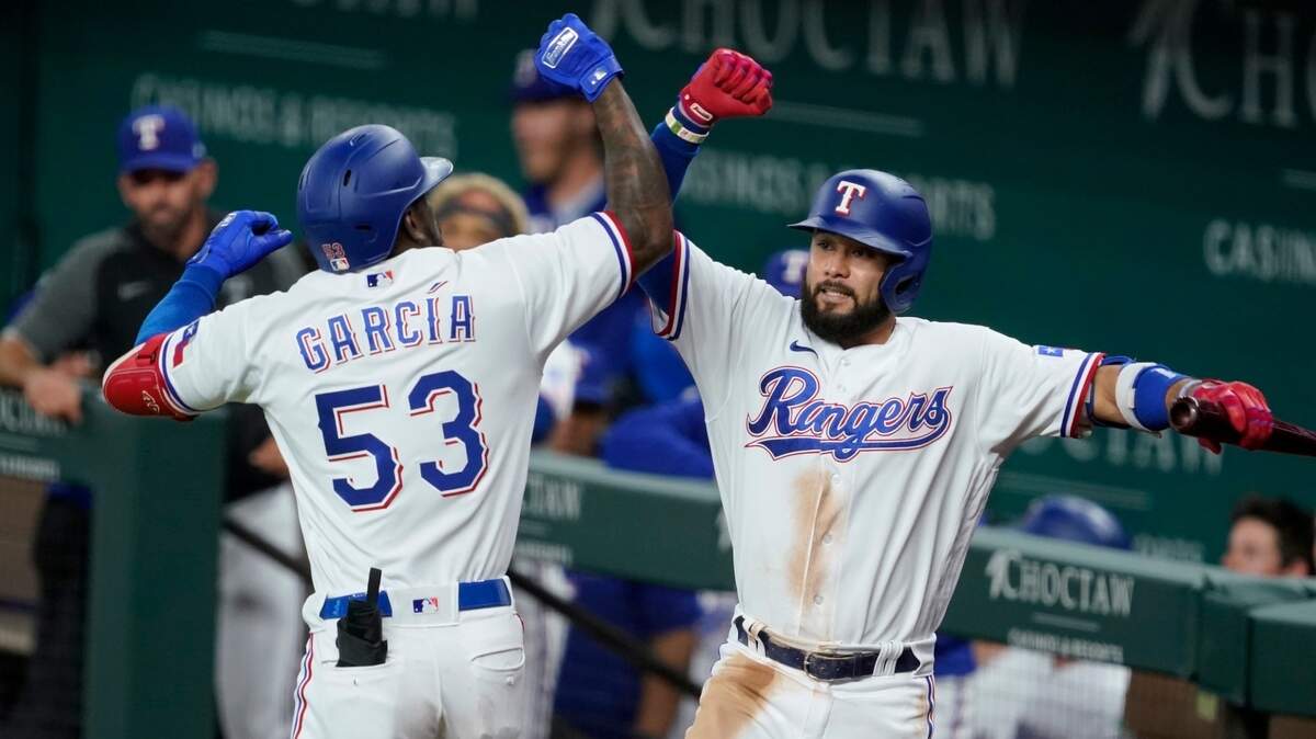 Texas Rangers’ Adolis Garcia, left, and Isiah Kiner-Falefa, right, celebrate after Garcia hit a solo home run in the second inning against the New York Yankees Monday night.