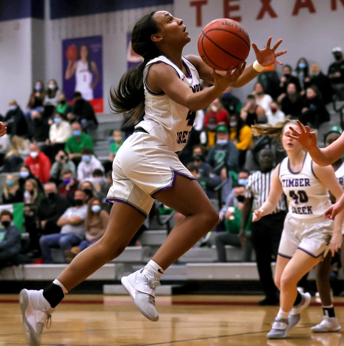 Keller Timber Creek guard Mia Topping goes to the basket against Southlake Carroll during the first half of a 6A Region I Regional Quarter-Finals Girls Basketball playoff game played on Thursday, February 25, 2021 at Justin Northwest High School. (Steve Nurenberg Special to the Star-Telegram)
