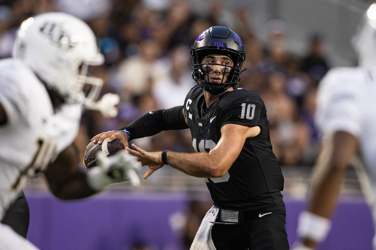 TCU quarterback Josh Hoover (10) looks downfield to throw in the second quarter of a BIG XII conference game between TCU and UCF at Amon G. Carter Stadium in Fort Worth on Saturday, Sept. 14, 2024.