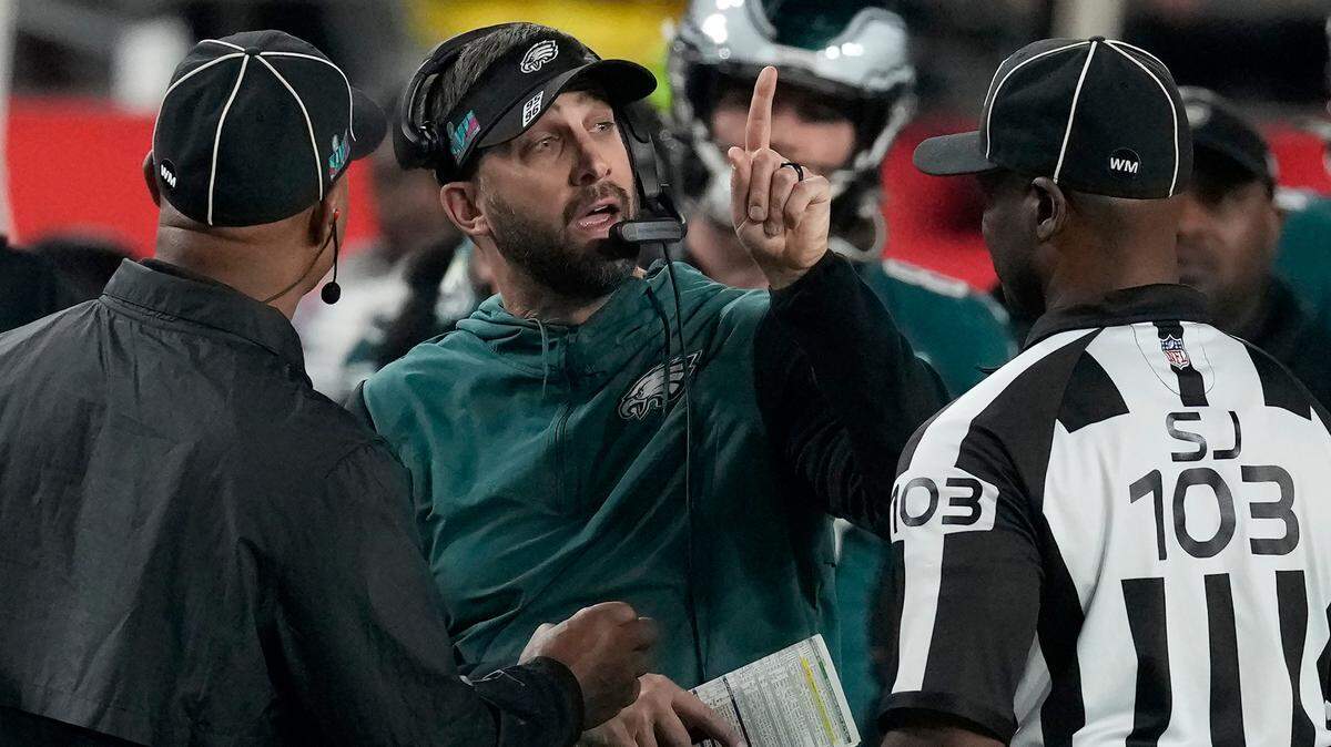 Philadelphia Eagles head coach Nick Sirianni speaks to officials during the second half of the NFL Super Bowl 57 football game against the Kansas City Chiefs, Sunday, in Glendale, Ariz.