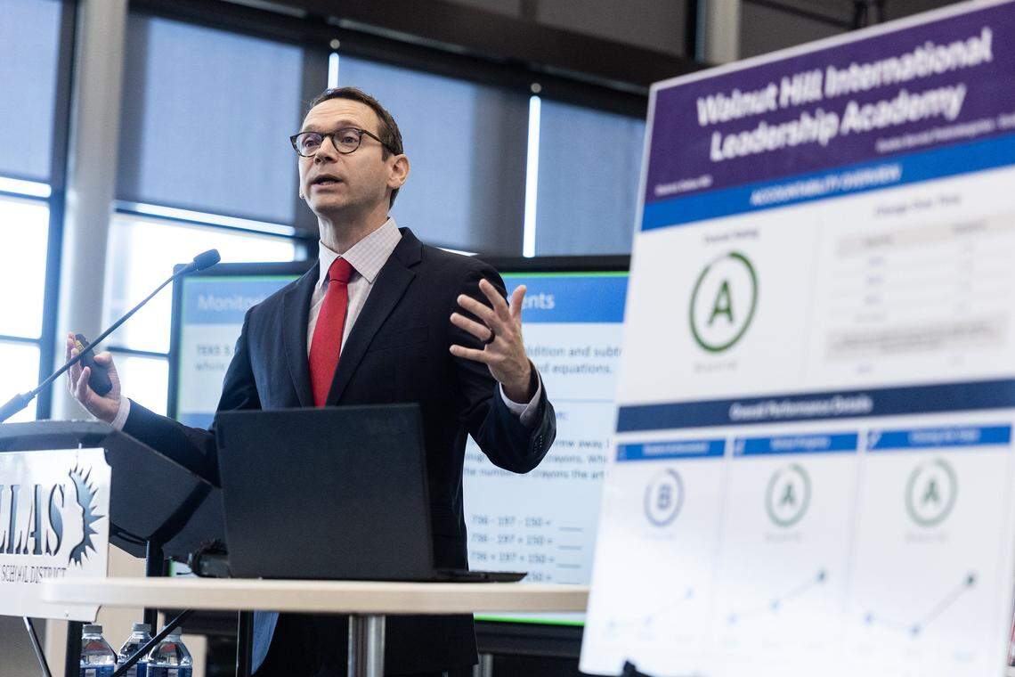 Mike Morath, the Texas Education Commissioner, speaks during a press conference regarding the updated A-F scores of Dallas and Fort Worth schools at Walnut Hill International Leadership Academy in Dallas on Friday, Aug. 15, 2025.