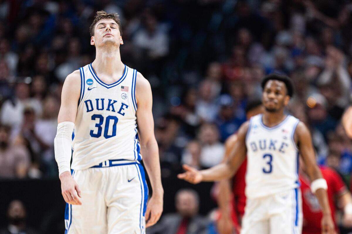 Duke center Kyle Filipowski (30) reacts to fouling out of the game in the second half of the Elite 8 South Regional Championship game of NCAA Division I Mens Basketball Tournament at American Airlines Center in Dallas on Sunday, March 31, 2024. NC State defeated Duke 76-64.