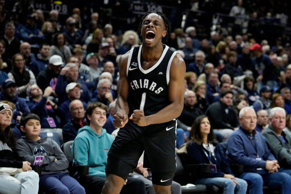 Jayden Pierre, then of the Providence Friars, reacts after defending the Connecticut Huskies during a game.