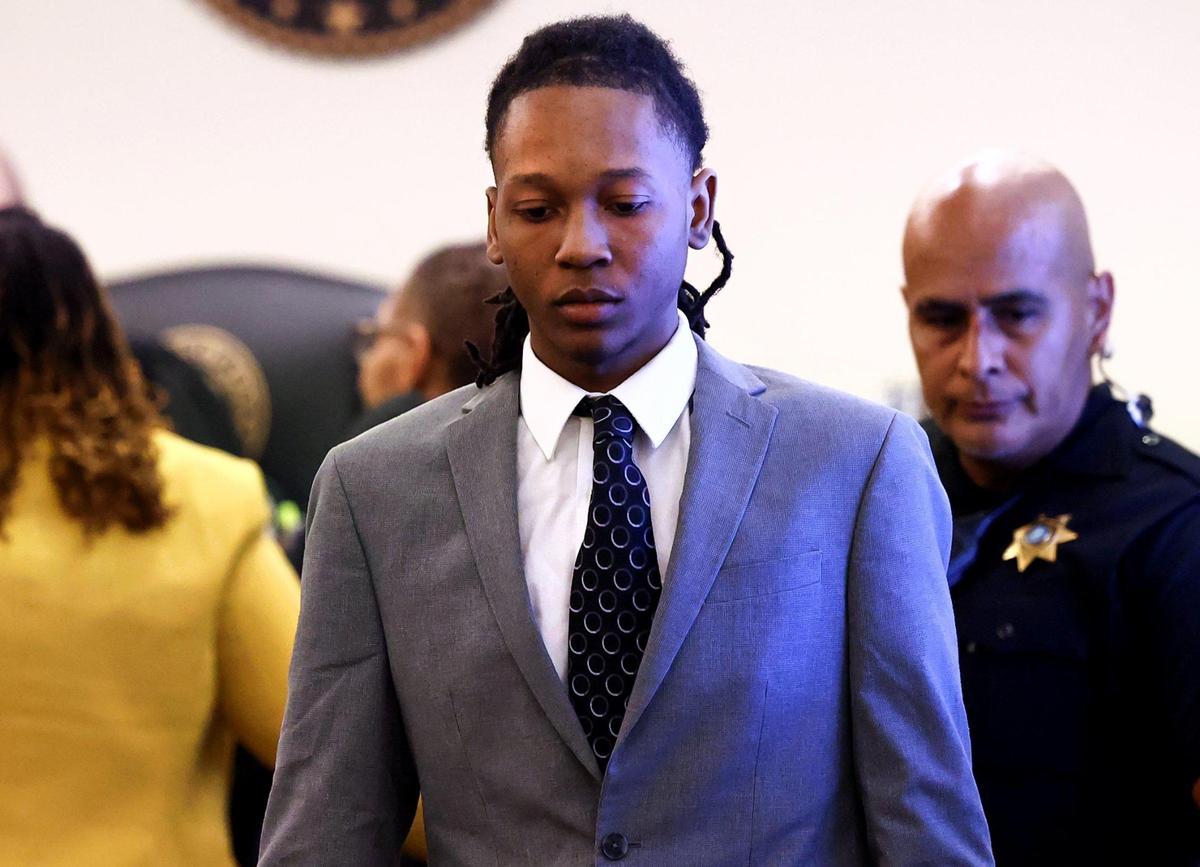 Timothy Simpkins, 19, enters the courtroom for the first day of his attempted capital murder trial held in the 371st District Court on Monday in Fort Worth. Simpkins is accused of shooting three people in October 2021 at Mansfield Timberview High School in Arlington.