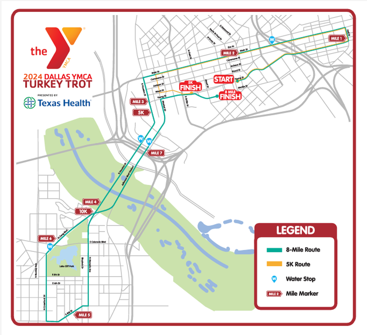 YMCA Dallas Turkey Trot routes for the 5K and 8K run.
