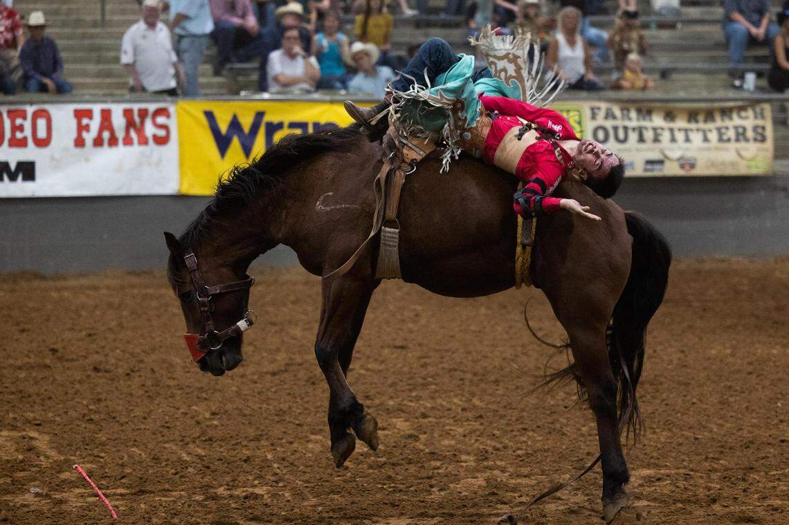 Bradlee Miller rides bareback during the first performance of the Cowboy Capital of the World PRCA Rodeo on Friday, Sept. 23, 2022, in Stephenville.