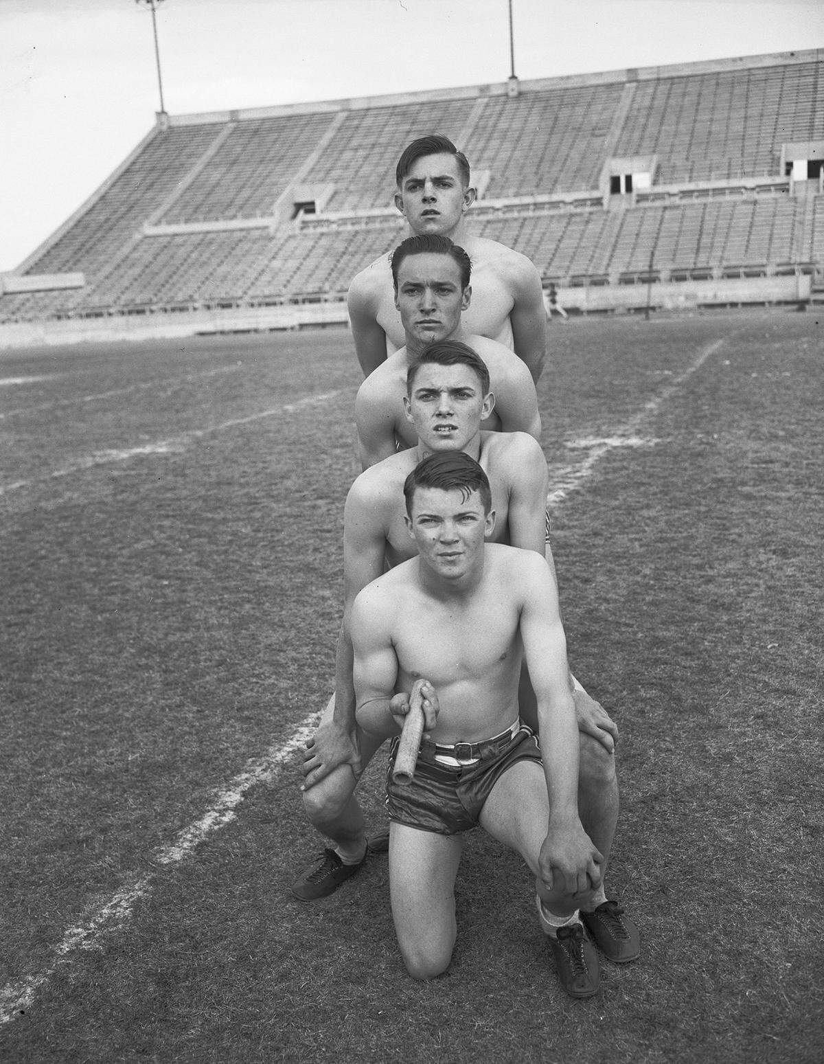 March 21, 1946: From front, J.W Morris, Henry Emery, Gaylen Cowley and Bill Pair, all of Grapevine, Texas. The group of four are Grapevine’s winning 440-yard relay team in the 11-A track meet that took place at Farrington Field.