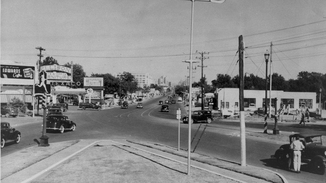 As early as 1938, when this photo was taken, this near west side intersection at University and West Seventh was identified as dangerous. Still, it was safe enough that a man could stand next to a stopped roadster on Camp Bowie. That wouldn’t be true for long.