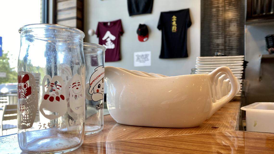Bowls and glasses ready for ramen and beer or sake at Kintaro Ramen in Arlington.