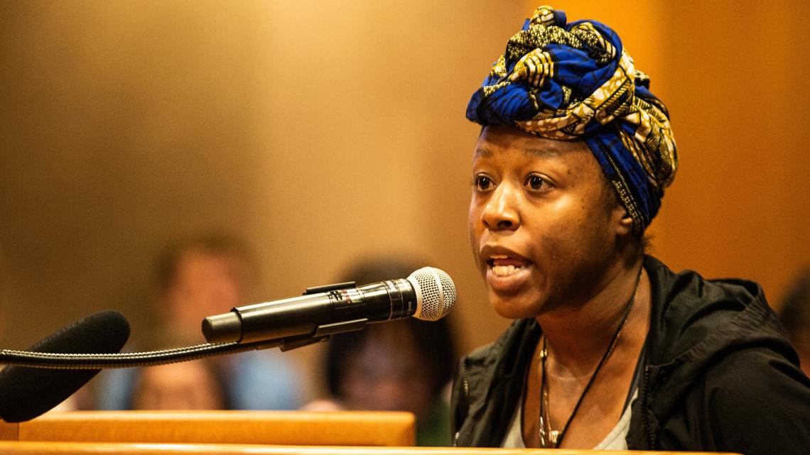 Janell Johnson speaks during a the Tarrant County Commissioners Court meeting on Tuesday, June 18, 2024, at the Tarrant County Administration Building. Johnson called out county commissioners for their lack of accountability over the sheriff’s department.