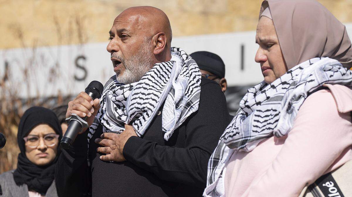 Nizar Doar, the father of stabbing victim Zacharia Doar, speaks during a press conference outside City Hall, on Tuesday, Feb. 6, 2024, in Austin, Texas. The stabbing of Zacharia Doar, a Palestinian-American from Tarrant County, who advocates say was attacked near the University of Texas campus while riding in a car displaying support for Palestine merits the label of a hate crime, police announced Wednesday.