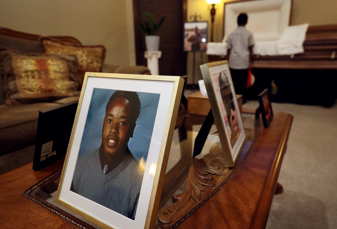 Corbin Ray Johnson, 10, Anthony Johnson Jr.’s nephew, speaks to his uncle during his funeral on Friday, May 24, 2024, in Mansfield. The Johnson family is calling for accountability after died while in custody at the Tarrant County Jail.