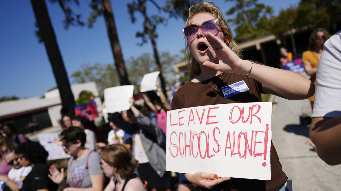 A person cheers as New College of Florida students and supporters protest ahead of a meeting by the college’s board of trustees, Tuesday, Feb. 28, 2023, in Sarasota, Fla. The conservative-dominated board of trustees of Florida’s public honors college was meeting Tuesday to take up a measure making wholesale changes in the school’s diversity, equity and inclusion programs and offices.(AP Photo/Rebecca Blackwell)
