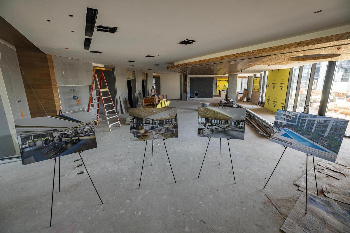 The floor where the amenity deck will be located including the fitness center, zen garden and entertainment spaces with views of the outdoor pool and swim up bar at the One Rangers Way residential apartment complex in the Arlington Entertainment District on Tuesday, Nov. 12, 2024.