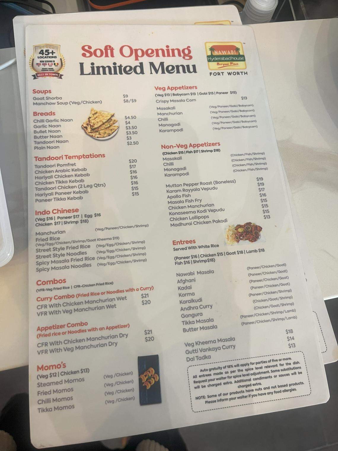 Menu at Hyderabad House in north Fort Worth.