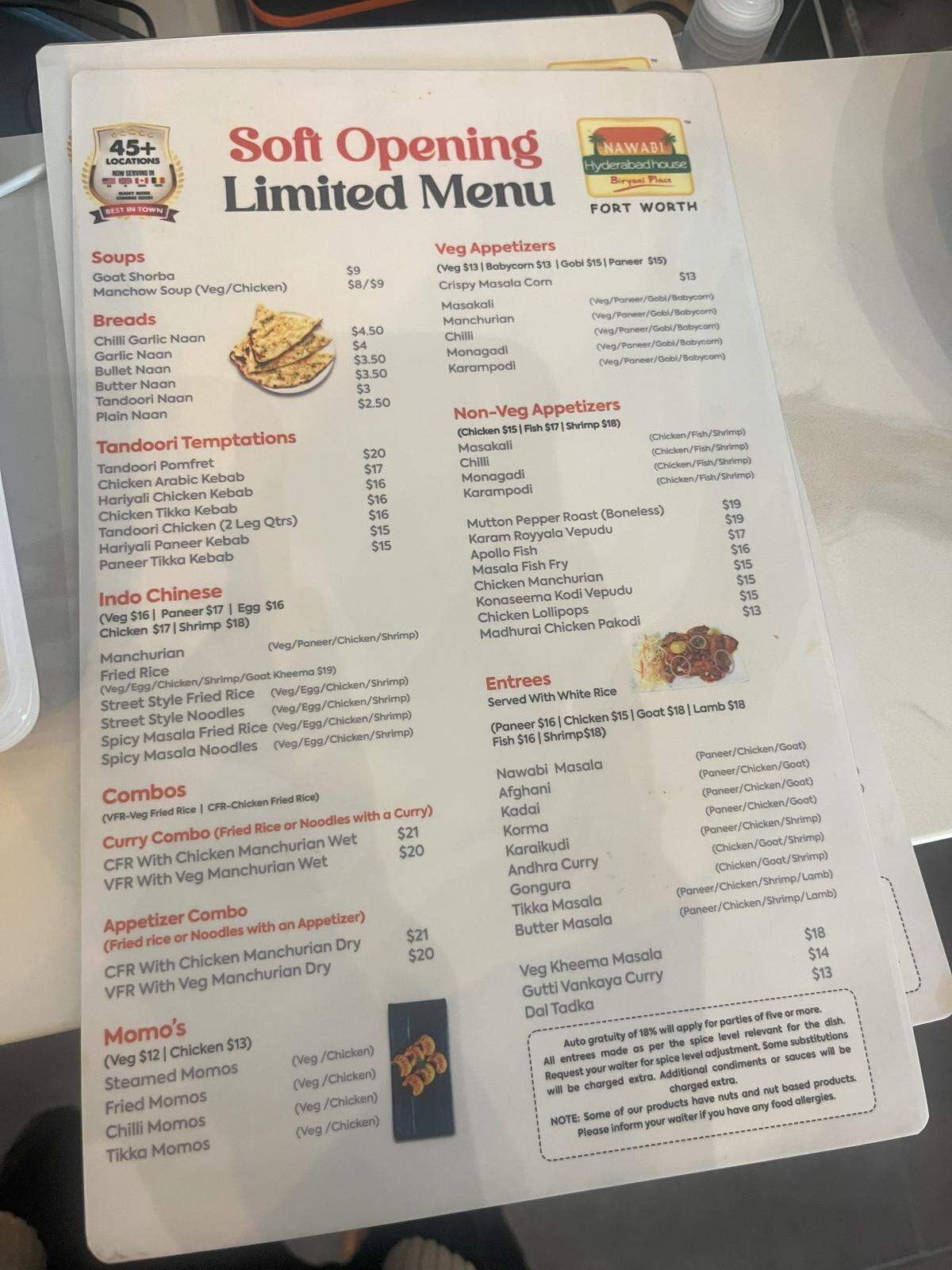 Menu at Hyderabad House in north Fort Worth.