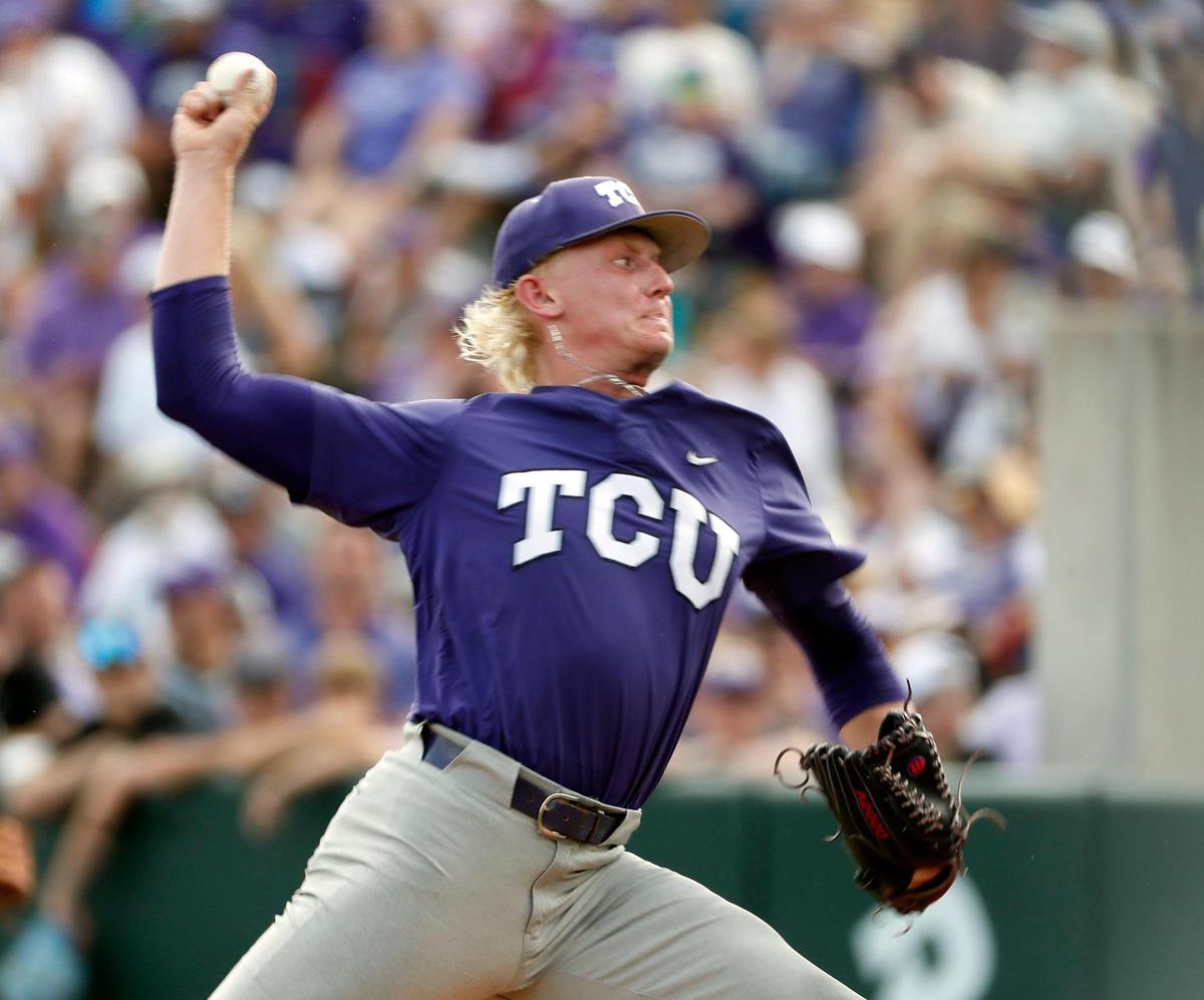 TCU starting pitcher Kole Klecker (17) works in the first inning of game one of the NCAA Super Regional between TCU and Indiana State at Lupton Stadium in Fort Worth, Texas, Friday June 09, 2023. (Special to the Star-Telegram Bob Booth)