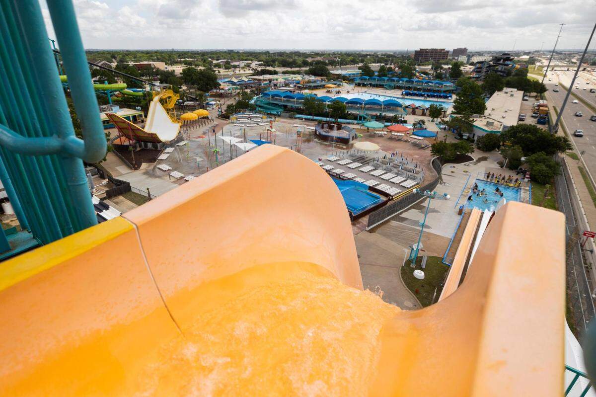 A view from the top of a ride at Hurricane Harbor in Arlington.
