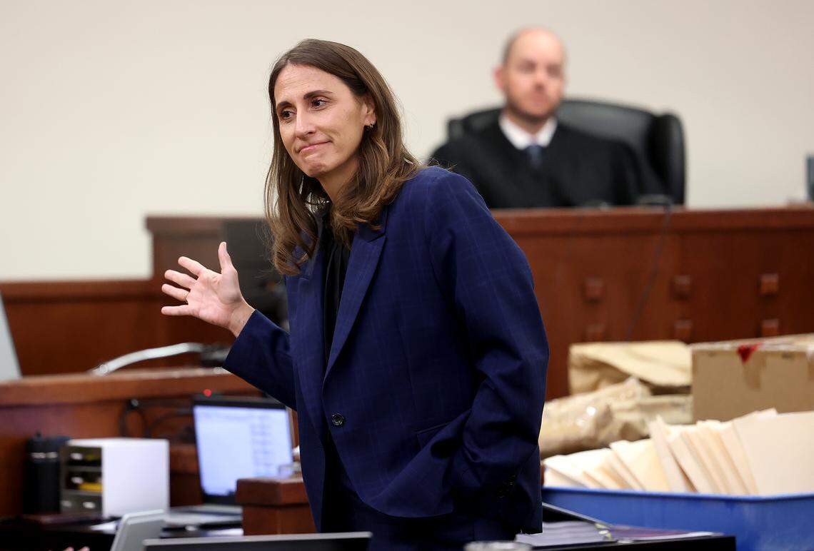 Tarrant County Assistant Criminal District Attorney Allenna Bangs speaks to the jury during closing arguments in the punishment phase of the capital murder trial of Valerian O'Steen on Monday, Sept. 22, 2025, at the 371st District Court in Fort Worth. O’Steen was sentenced to the death penalty for the 2022 killing of Marissa Grimes.