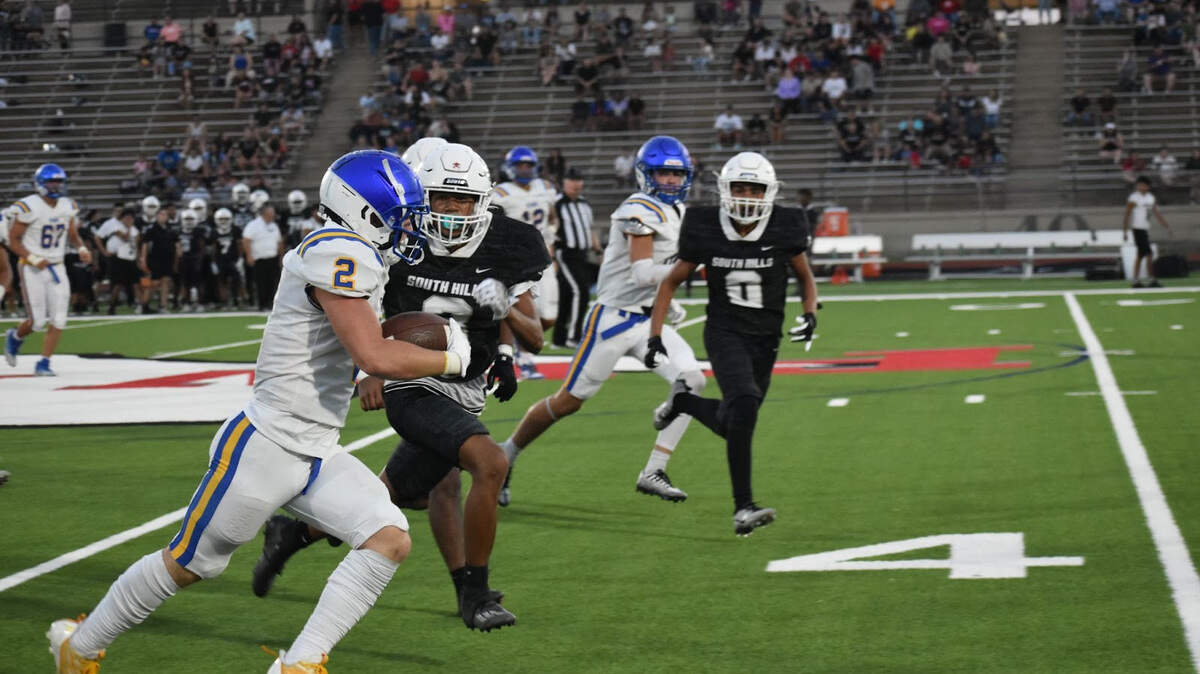 Venus’s Kaden Morel (2) running towards the end zone during a high school football game against South Hills at Clark Stadium in Fort Worth, Texas Thursday, August 31, 2023. Venus won 33-18.
