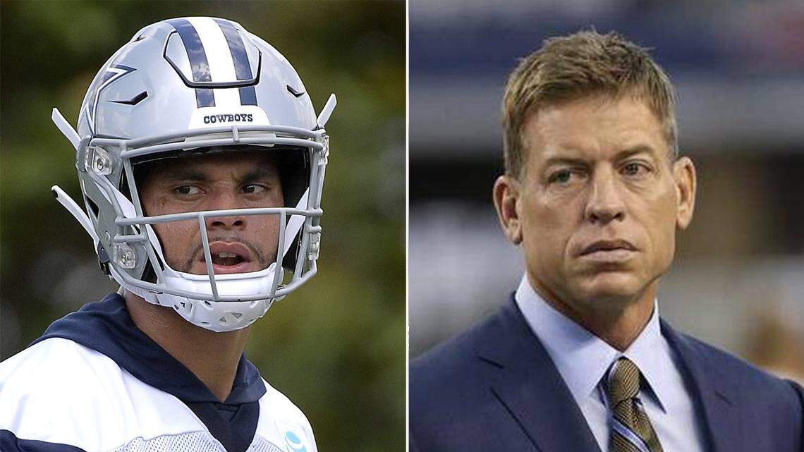 Ex-Cowboys quarterback Troy Aikman (right) says Dak Prescott is the perfect quarterback for the Cowboys because of how he handles himself on and off the field.