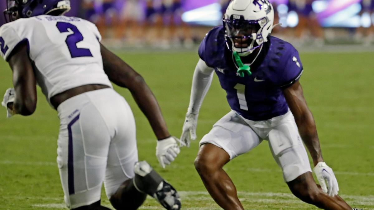 TCU cornerback Tre’Vius Hodges-Tomlinson (1) zeros in on Tarleton State wide receiver Gabe Douglas (2) in the second half of a NCAA football game at Amon G. Carter Stadium in Fort Worth on Saturday. TCU defeated Tarleton State 59-17.