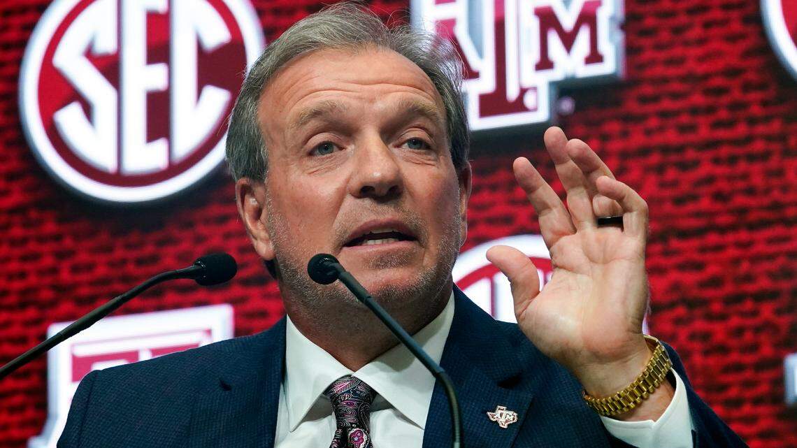 Texas A&M head coach Jimbo Fisher speaks at SEC Media Days on Thursday in Atlanta. Entering his fifth season in College Station, the Aggies have not had a 10-win season in his tenure there.