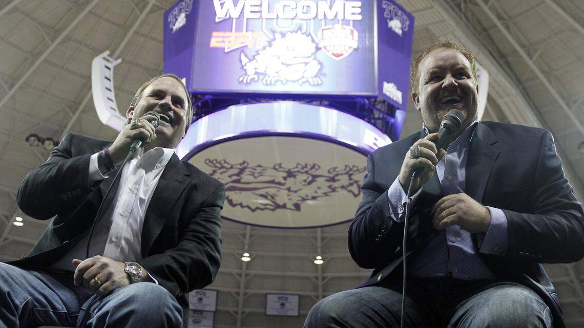 Brian Estridge, right, with TCU football coach Gary Patterson in 2010, has been the play-by-play voice of Horned Frogs' football and men's basketball for the past 20 years. He was targeted by Texas A&M for the same job for the Aggies, but he is staying at TCU.