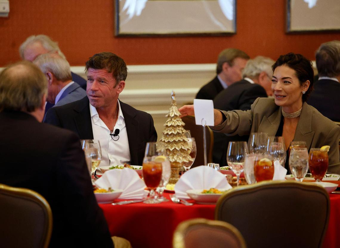 Taylor Sheridan and his wife Nicole visit with members of the Exchange Club during the group’s annual charity luncheon on Wednesday. Sheridan, creator of “Yellowstone,” was the guest speaker.