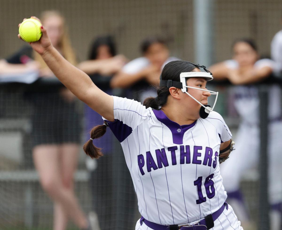 Paschal pitcher Natalia Rojas works in the first inning during a UIL District 6A Region 1 Bi-district softball playoff game at Saginaw High School in Saginaw, Texas, Thursday, April 25, 2024. Paschal defeated Keller 3-2. (Special to the Star-Telegram/Bob Booth)