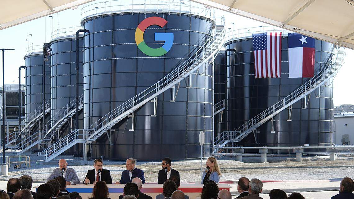 MIDLOTHIAN, TEXAS - NOVEMBER 14: Texas Gov. Greg Abbott and Alphabet and Google CEO Sundar Pichai lead a panel at the Google Midlothian Data Center on November 14, 2025 in Midlothian, Texas. Google announced today that it plans to invest $40 billion dollars in new Texas data centers through 2027. (Photo by Ron Jenkins/Getty Images)