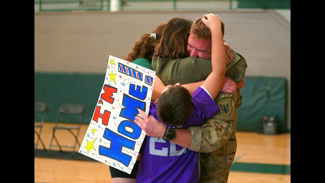 Army soldier Ross Thomman surprised his family at a Texas middle school after being deployed in the Middle East since January.