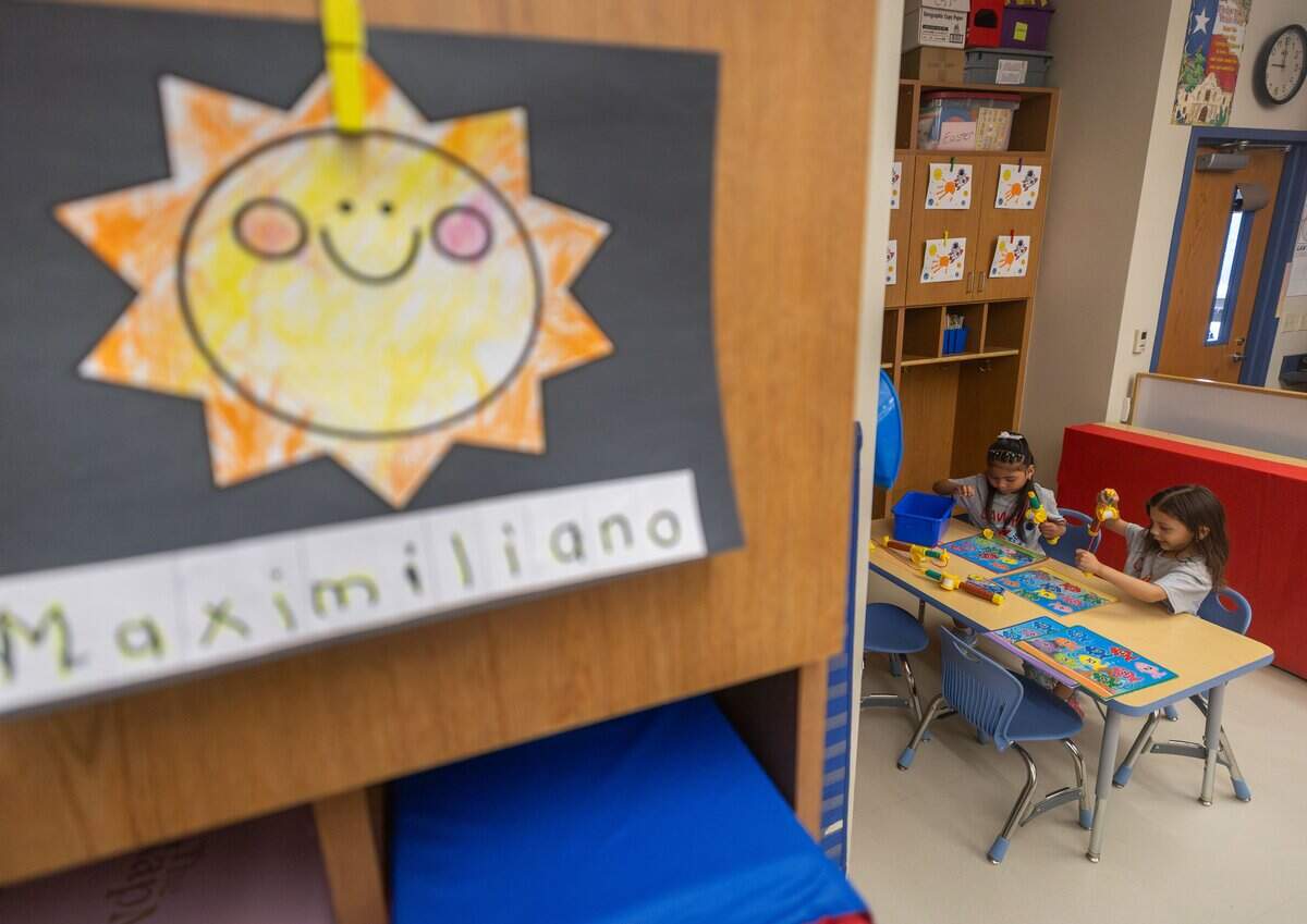 Students catch fish during a pre-K prep program at Castleberry Elementary School in Fort Worth on June 29, 2026. The game requires that students catch different numbered fish in order, from smallest to largest.