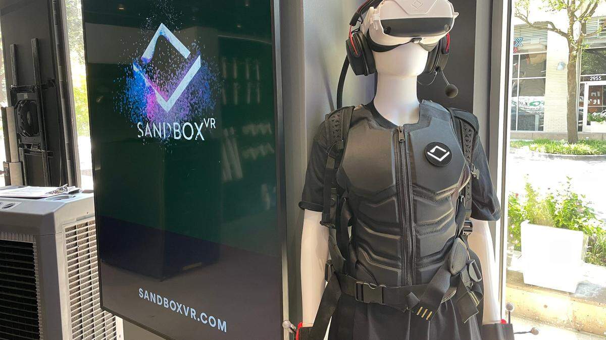 A model displays the virtual reality technology used by players at Sandbox VR, Thursday, Aug. 11, 2022, in Fort Worth.