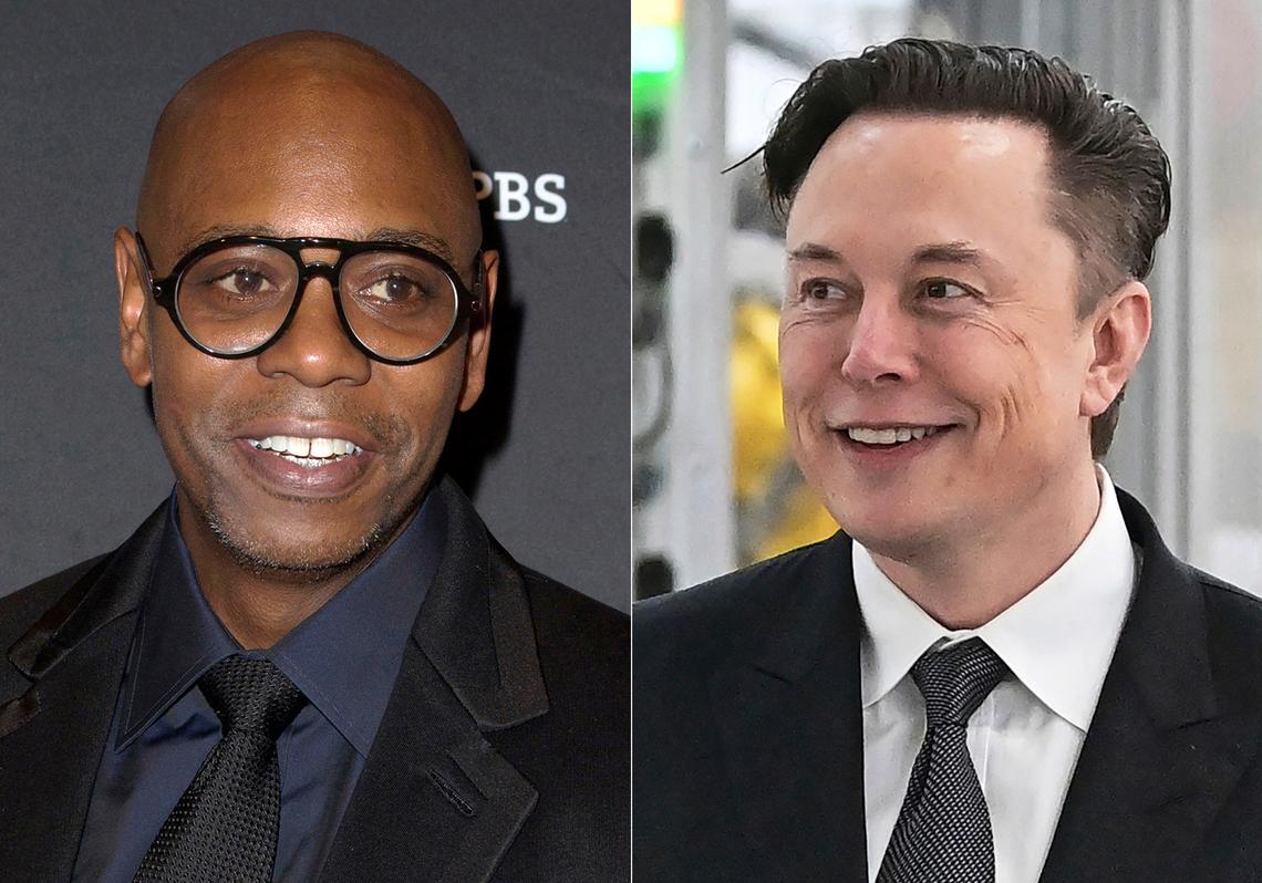 This combination of photos shows comedian Dave Chappelle attending the 22nd Annual Mark Twain Prize for American Humor in Washington on Oct. 27, 2019, left, and businessman Elon Musk at the opening of the Tesla factory Berlin Brandenburg in Gruenheide, Germany, on March 22, 2022. After Chappelle’s show on Sunday at the Chase Center in San Francisco, the comedian invited the billionaire on stage. Musk obliged, wearing an “I Love Twitter” T-shirt. Loud boos filled the arena – along with some cheers, too. (AP Photo)