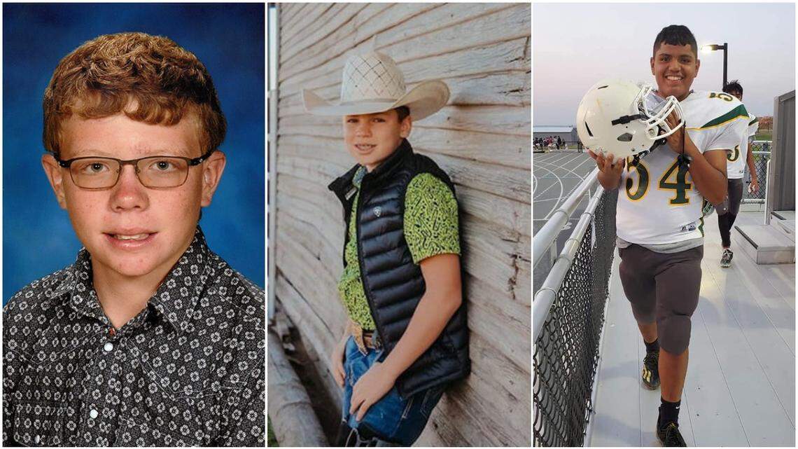 From left, Aydan Mooney, Kooper Preston and Luis Nevarez were killed in a car crash Monday in Texas, authorities say.