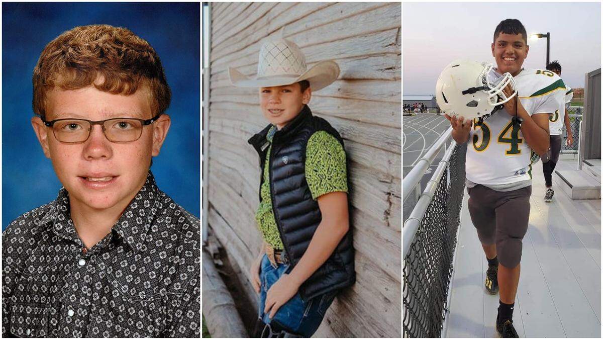 From left, Aydan Mooney, Kooper Preston and Luis Nevarez were killed in a car crash Monday in Texas, authorities say.