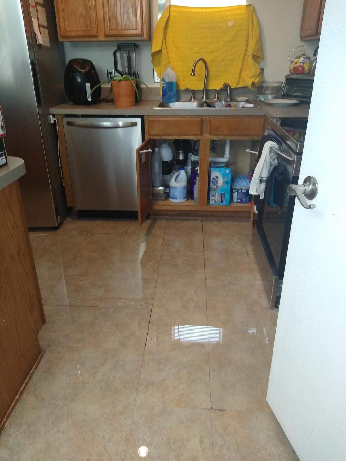 Standing water sits in the kitchen of Leora Cowart’s home after the 2021 winter storm. The home day care provider lived out of a hotel for six months while going through repairs, losing out on income in the meantime.