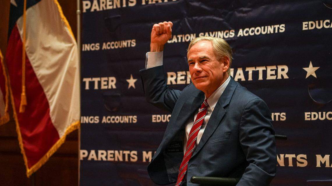Texas Governor Greg Abbott raises his fist after speaking at a Parent Empowerment Rally in the auditorium of the Texas Capitol on Monday, Oct. 16, 2023.