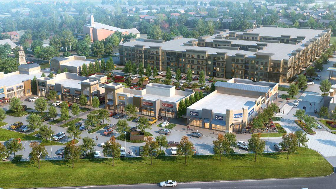 An artist's rendering of the Trophy Club Town Center project that will start construction this spring with 250 apartments, 50,000 square feet of retail and restaurants, 39 town homes and an Aloft Hotel.
