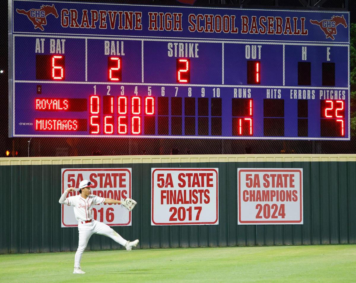 Grapevine left fielder Derek Duong (6) celebrates as the Mustangs win the district championship during a UIL baseball game at Grapevine Mustang Field in Grapevine, Texas, Thursday, Apr. 17, 2025.
