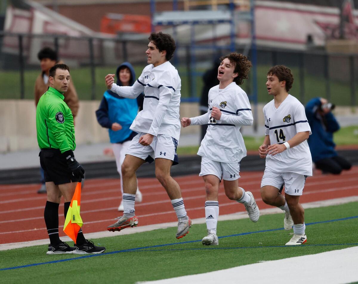 Highland Park midfielder Trey Shamburger (6) celebrates the first goal of the game during the Class 5A D2 UIL state semifinal boys soccer playoff game at Buddy Echols Field in Coppell, Texas, Saturday, Apr. 05, 2025.