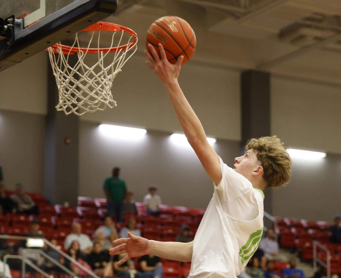 Eaton guard Jagger Woodward (10) puts in a left hander against Allen during the second half of a UIL Class 6A Division I boys regional semifinal basketball game at Coppell High School in Coppell, Texas, Tuesday, March 3, 2026.